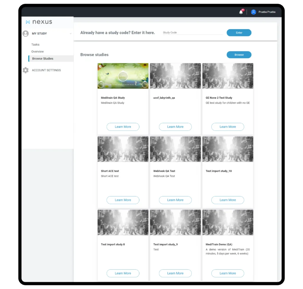 Nexus “Browse studies” screen