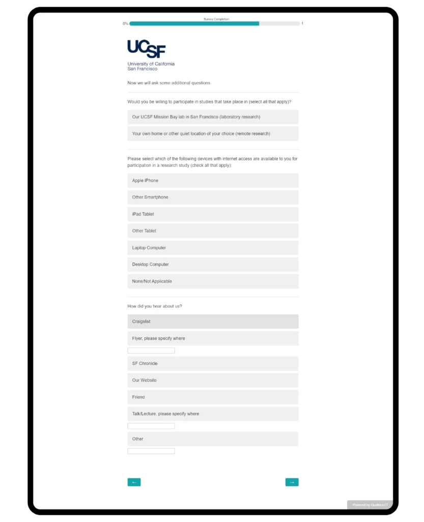 Nexus UCSF consent questionnaire on a tablet