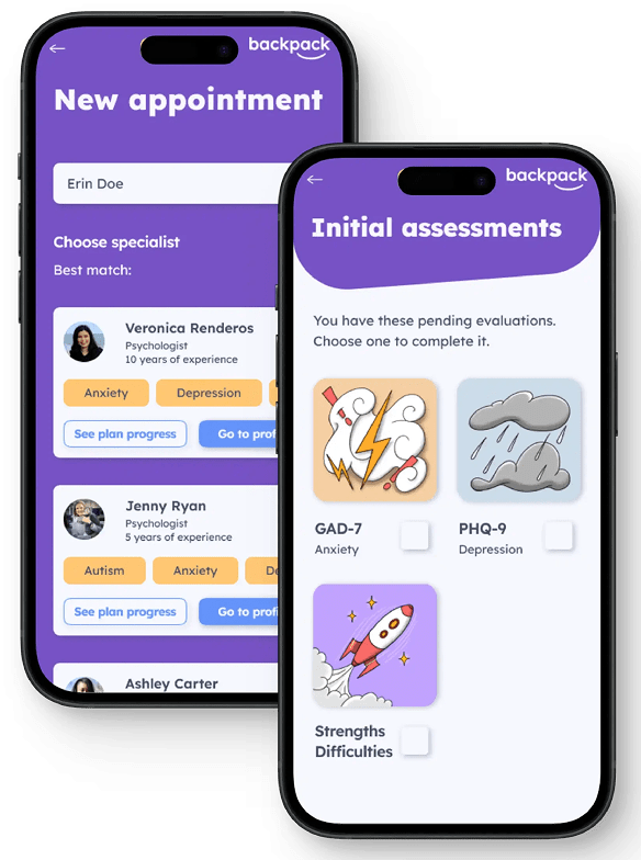 Backpack app screens for booking a new appointment and initial assessments