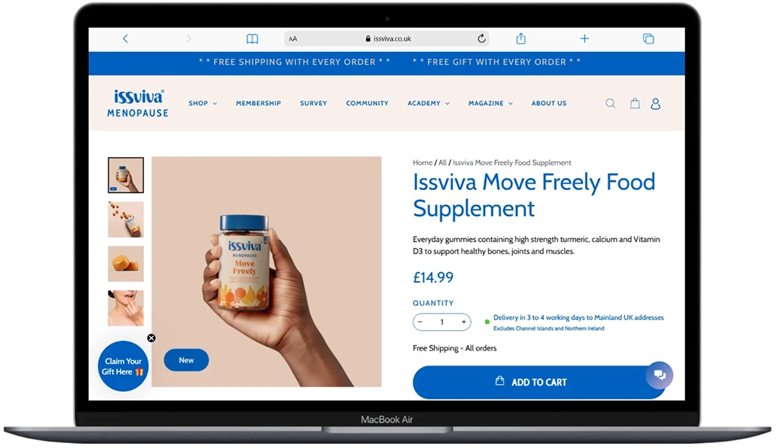 Issviva e-commerce marketplace website mockup focused on menopause solutions.