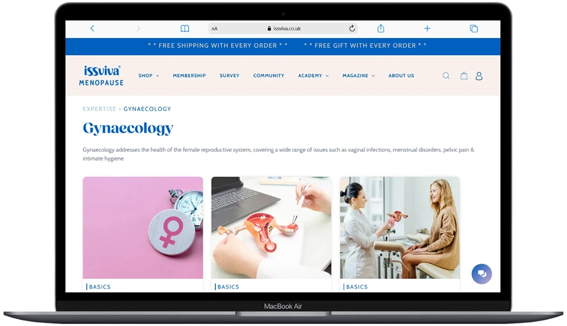 Issviva e-commerce marketplace website mockup focused on menopause solutions.