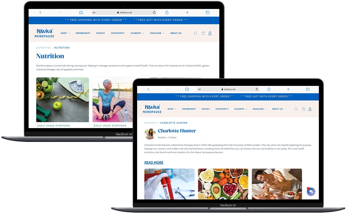 Issviva e-commerce marketplace website mockup focused on menopause solutions.